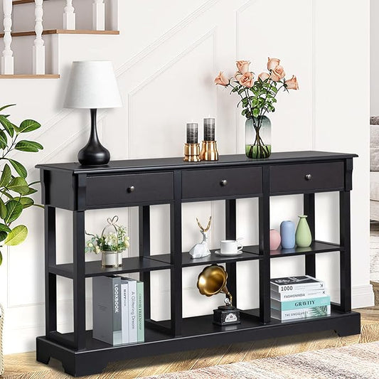 Karl home Console Table with 3 Drawers, 58" W Entryway Desk Sofa Side Table with 6 Bottom Cube Storage Shelves, Vintage TV Stand for Hallway Living Room Office, Black 32.5" H