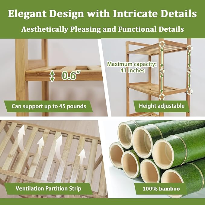 Bamboo Shelf, 5-Tier Bookcase Storage Shelves, Small Book Rack Shelving Unit, Multipurpose Storage Display Shelf for Bathroom Kitchen Living Room Office(5T- Natural)