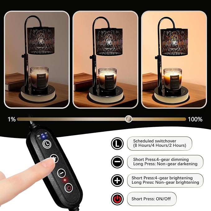Candles Warmer Lamp with Timer and Dimmer, Home Bedroom Decor, Electric Adjustable Candle Wax Warmer Melter, Vintage Decor Birthday Monther Day Gifts,2 Bulbs，Black