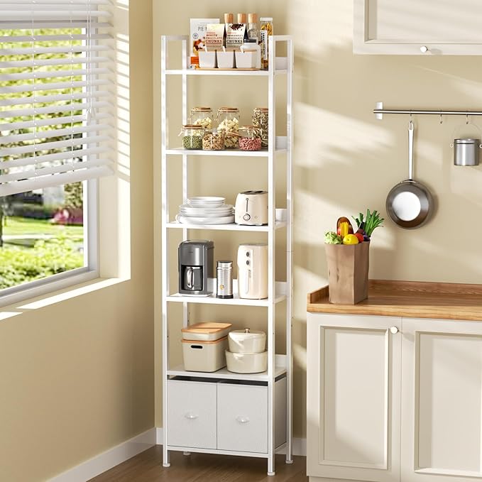 Furologee White 6 Tier Bookshelf with Drawers, Tall 71" Bookcase with Shelves, Modern Wood and Metal Bookshelves Storage Organizer, Display Free Standing Shelf Unit for Bedroom, Living Room, Office