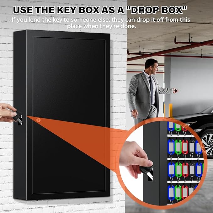 225 Keys Key Lock Box Wall Mount with Additional 16 Side Hooks and Key Tags, Anti-Theft Key Box Key Cabinet with Side Opening, Key Organizer Key Safe for Home Office Garage Rental Business