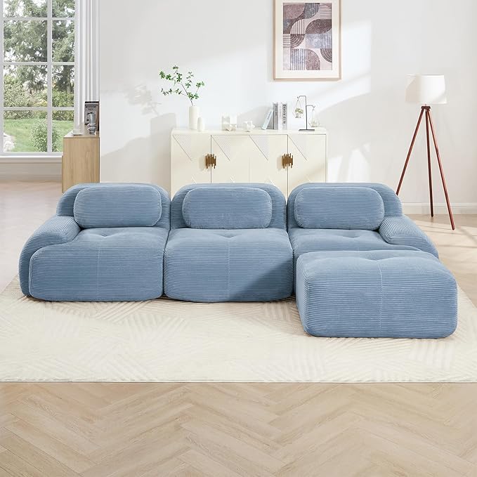 116" Modern Corduroy Cloud Sofa with Ottoman, L Shaped Boneless Modular Large Sectional Couches for Living Room, Blue 3 Seater Compressed Memory Foam Couch, Extra Deep Seat, No Assembly