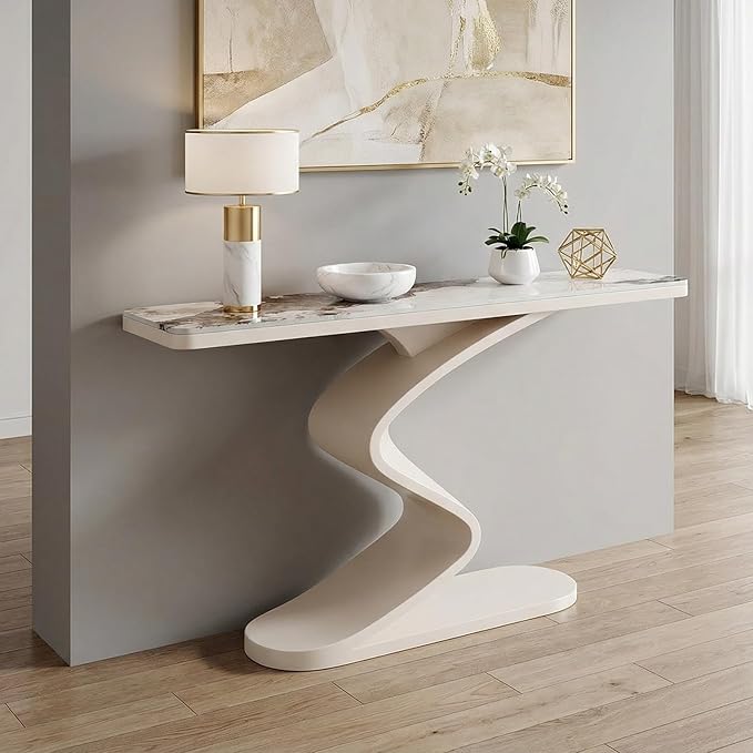 Modern Console Table with Sintered Stone Top, 47" Entryway Table with Sculptural S-Shaped Base Narrow Hallway Sofa Table Behind Couch for Living Room, Accent Furniture(White,59"x11.8"x31.5")