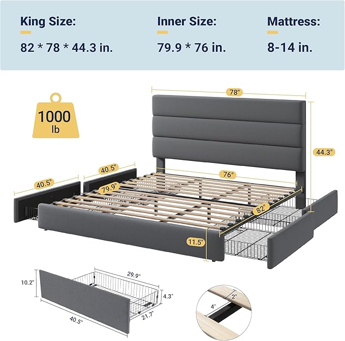 Allewie Modern King Size Platform Bed Frame with 4 Storage Drawers and Velvet Upholstered Headboard, Wooden Slats Support, Upholstered Mattress Foundation/No Box Spring Needed/Easy Assembly, Grey