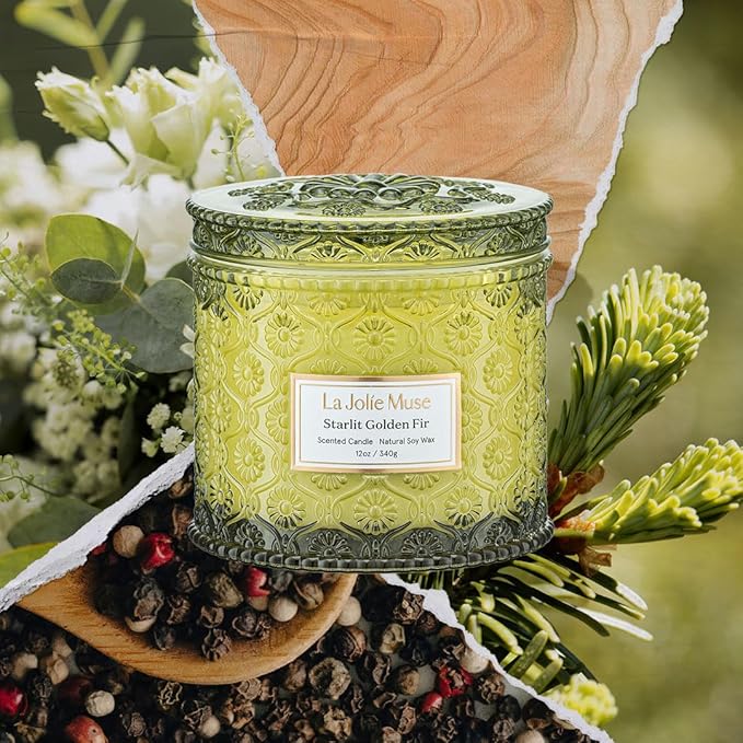LA JOLIE MUSE Christmas Candle | Starlit Golden Fir | Fir Balsam, Cedarwood & Smoke | 12 oz Soy Candle, Double Wick | 60 Hours Clean Burn | Christmas Gift for Women & Family