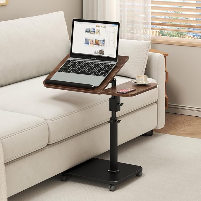 Adjustable Height C Shaped End Table with Wheels,360°Swivel Side Table, Top Tilting Laptop Stand TV Table for Sofa/Bed, Couch Tables that Slide under,Small Coffee Table for Living Room (walnut)