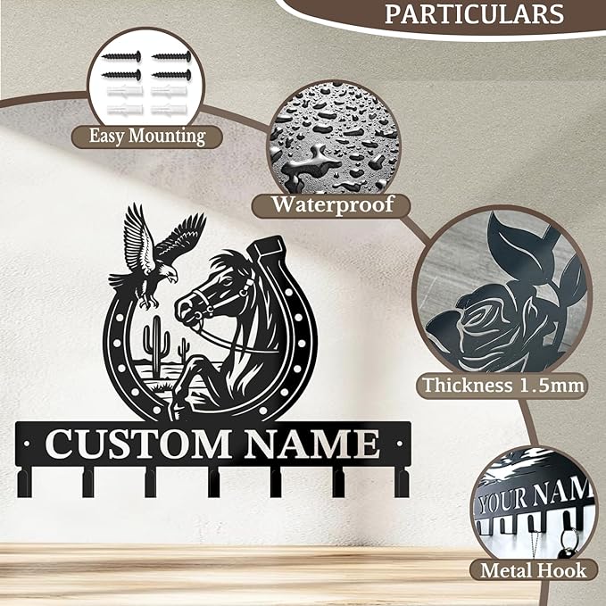 Custom Western Cowboy Metal Iron Key Hooks,Personalized Name & Text Engraving,Decor Wall Keys Holderfor Home Entryway (Style E)