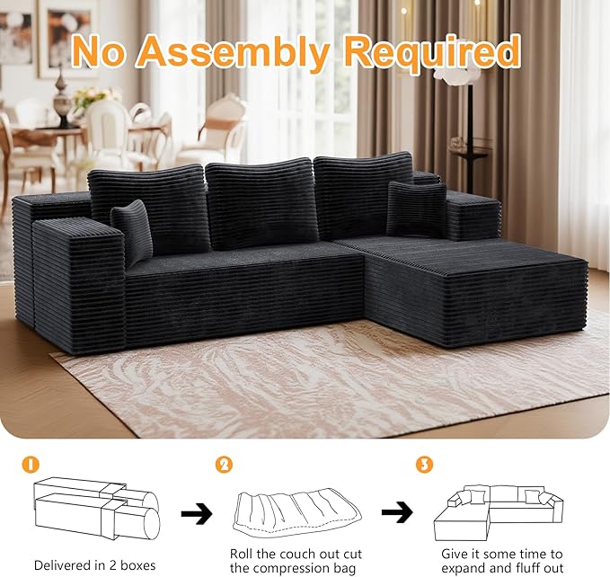 106'' Boneless Couches for Living Room, L Shaped Modular Sectional Sofa with Chaise Lounge, Faux Rabbit Fur & Layered Cushion Deep Seat Cloud Couch, No Assembly (Black, Right Facing Chaise)