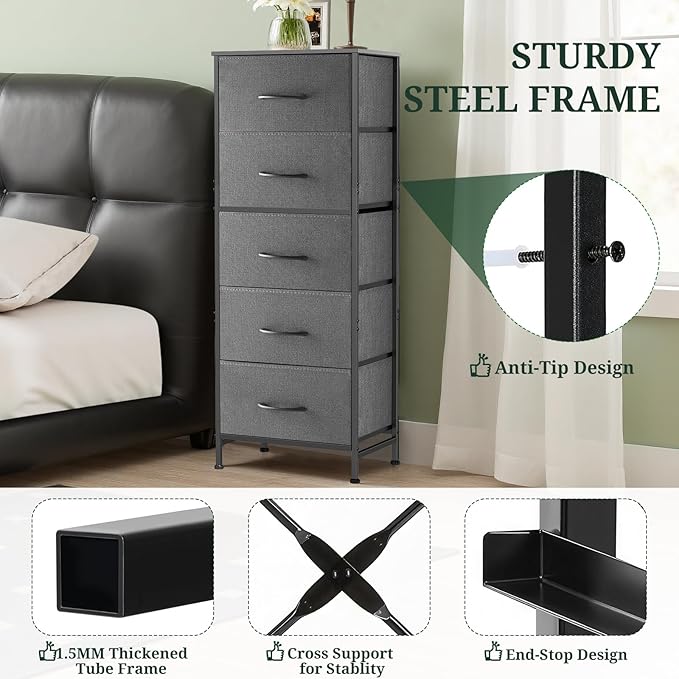 Nightstand, 5 Drawer Dresser End Table Bedside Furniture with Wooden Top Steel Frame Fabric Bins for Bedroom, Closet, Entryway, Dorm, Living Room, Gray