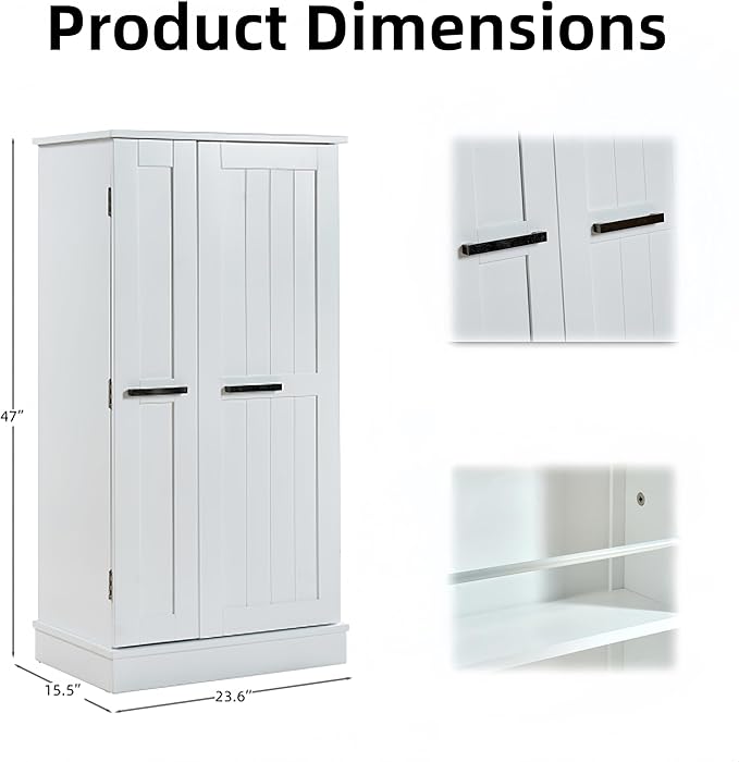 Kitchen Pantry Storage Cabinet, 47inch Freestanding Pantry Cabinet with Doors and Adjustable Shelves, Small Food Storage Cupboard for Dining Room, White
