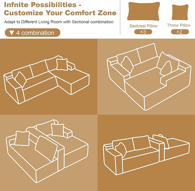 108" Sectional Couches for Living Room Modern Modular Sofa with L-Shape Couchs Upholstered Boneless Couch Deep Seat Sectional Couch with Chaise (Camel, Right Facing Chaise+2Seaters)