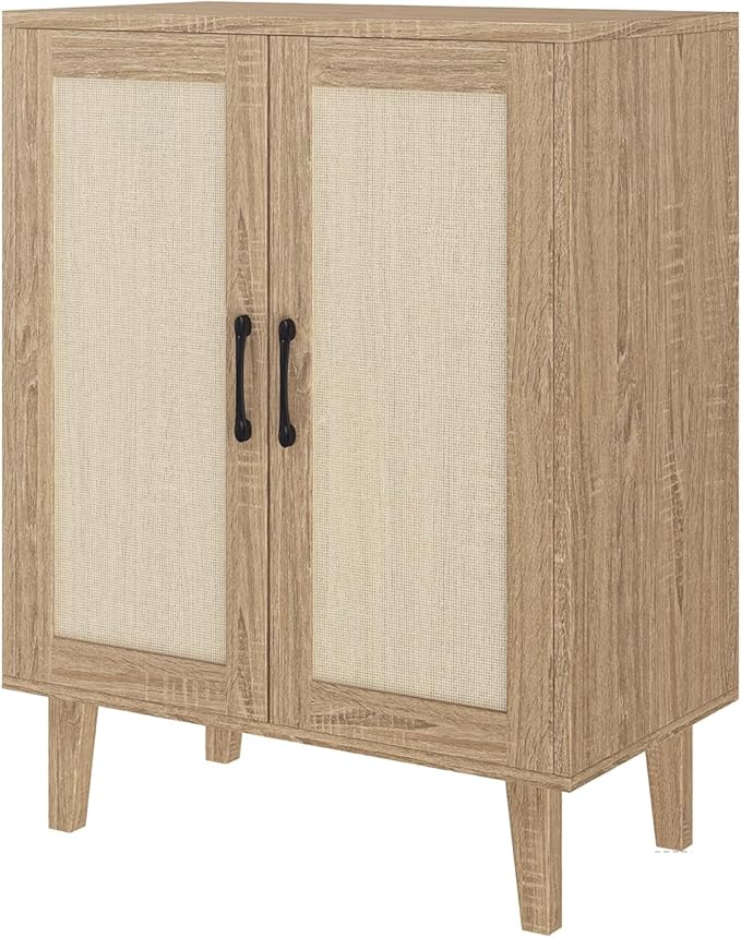 Panana Buffet Cabinet Sideboard with Rattan Decorated Doors Kitchen Storage Cupboard Accent Cabinet (Natural Wood)