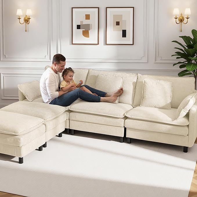 Claiks 110" Modular Sectional Sofa, Cloud Couch with Ottoman, U-Shaped 5-Seater Sofa in Chenille Fabric, Deep Seat Comfy Couch with Pillows for Living Room & Offices, Beige