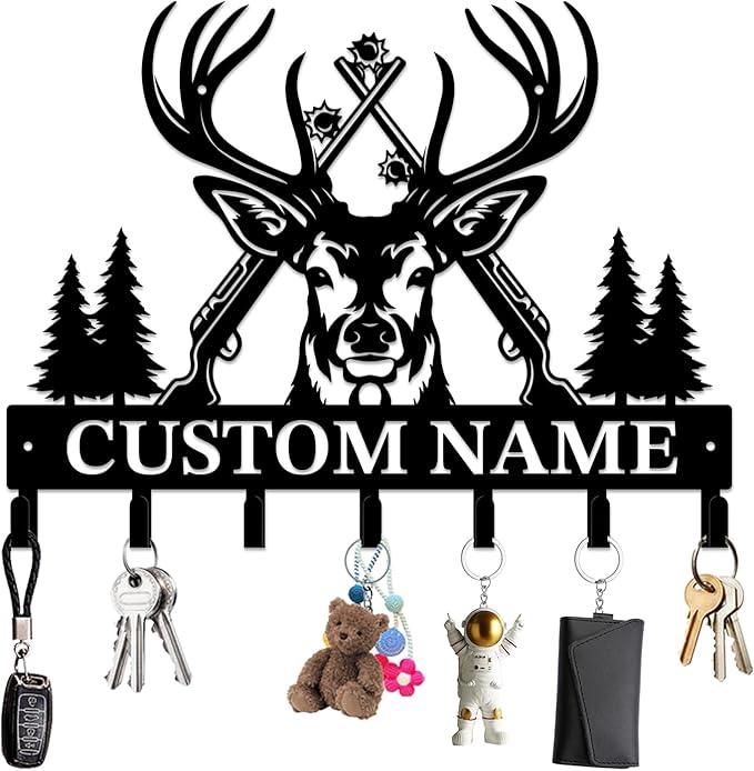 Personalized Custom Name Hunting Deer Wall Key Hooks,Metal Hunting Art Clothes Hooks,Metal Hunting Wall Home Storage Decorative,Hunter For Front Door, Hallway, Kitchen, Bedroom,Keys,Hats (Style I)
