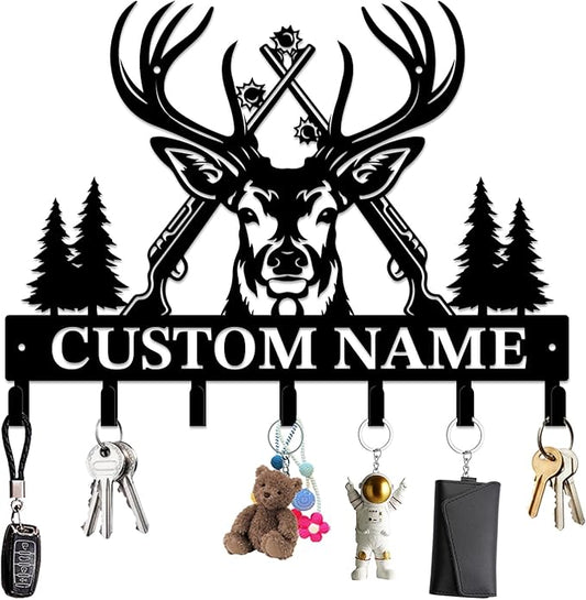 Personalized Custom Name Hunting Deer Wall Key Hooks,Metal Hunting Art Clothes Hooks,Metal Hunting Wall Home Storage Decorative,Hunter For Front Door, Hallway, Kitchen, Bedroom,Keys,Hats (Style I)