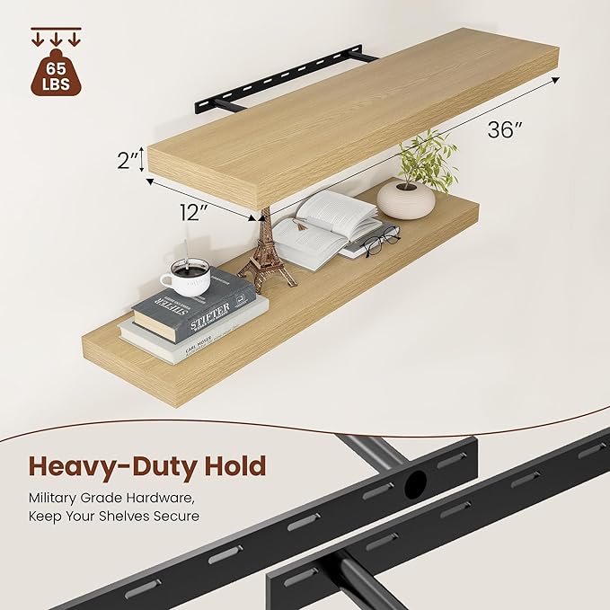 Vivelove 12 Inch Deep Floating Shelves 36 inch Long, 2 Inch Thick Wall Shelves with Invisible Brackets, Shelf for Bedroom Bathroom Living Room Kitchen Office Home Decor, Modern Shelf Set of 2, Oak