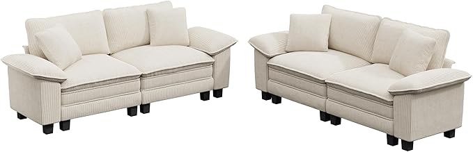 PHI VILLA Cloud Modular Couches Sets, 2 Pieces Sectional Loveseat Sofa Set, 4-Seater Comfy Couch for Living Room, Corduroy Fabric, Beige