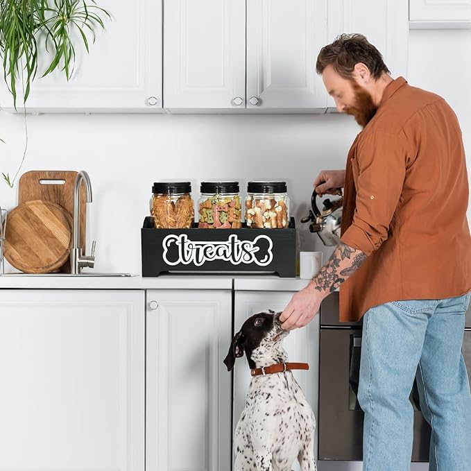 Dog Treat Container Dog Food Container for Dog Food Storage, Farmhouse Cat Food Container Pet Food Storage Organizer, Wood Dog Treat Holder with 3 Plastic Cat Dog Treat Jars, Black Cat Treat Container