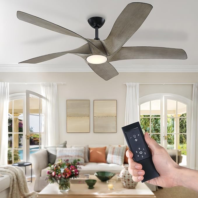 60 inch Wood Ceiling Fans with Lights and Remote,5 Blades Large Walnut Ceiling Fan, Outdoor Ceiling Fanwith 6 Speeds,Reversible DC Motor, Timer for Living Room, Farmhouse, Patio(Grey Oak)