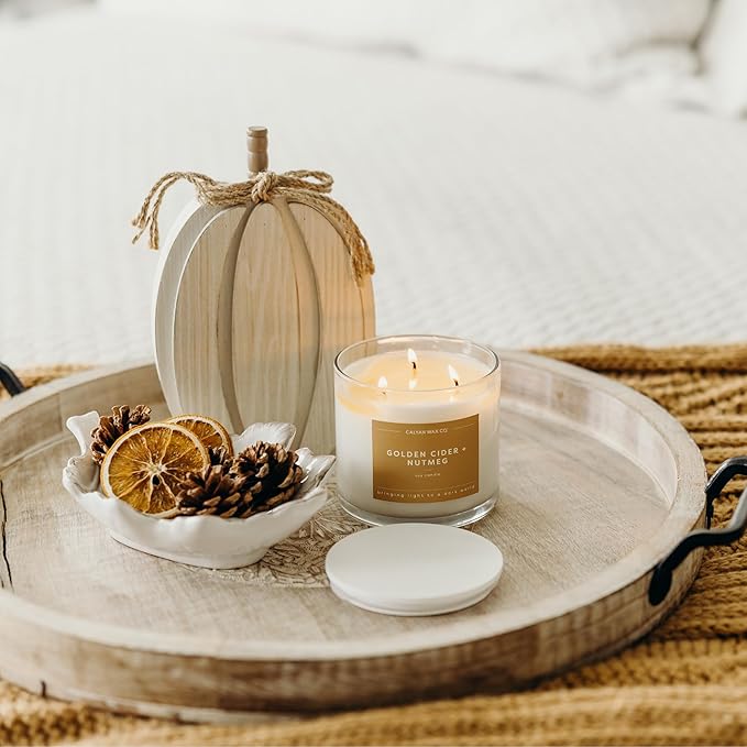 Calyan Wax Co. Golden Cider & Nutmeg 3 Wick Scented Candle - 43 Hour Burn - Luxury 3 Wick Soy Candles - Non Toxic Soy Wax Candles - Long Lasting Large Glass Jar Candle for Home - 14.9oz