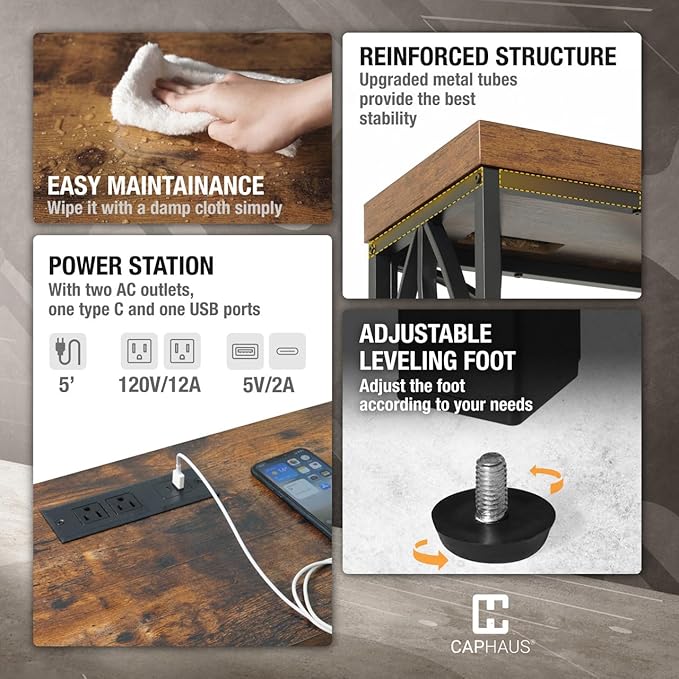 CAPHAUS 41” 2-Tier Industrial Sofa Console Thick Table w/Storage & Charging Station, Entrance Tableau w/ 2 Outlets, USB & Type-C Ports for Entryway, Living Room, Hallway, Foyer, Rustic, Butterfly