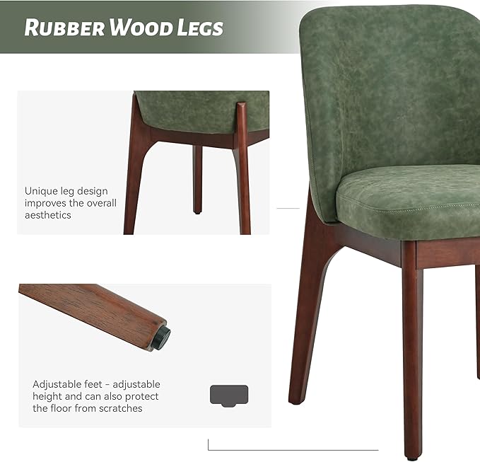 VKNOW Modern Dining Chairs Set of 2, Faux Leather Kitchen Chairs with Wood Legs, Upholstered Side Chair for Kitchen Dining Room, Green
