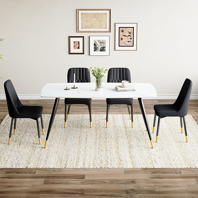 White Dining Table Set for 4, 62'' Dining Table Set for 4, Sintered Stone Dining Room Sets for 4, Easy to Assemble