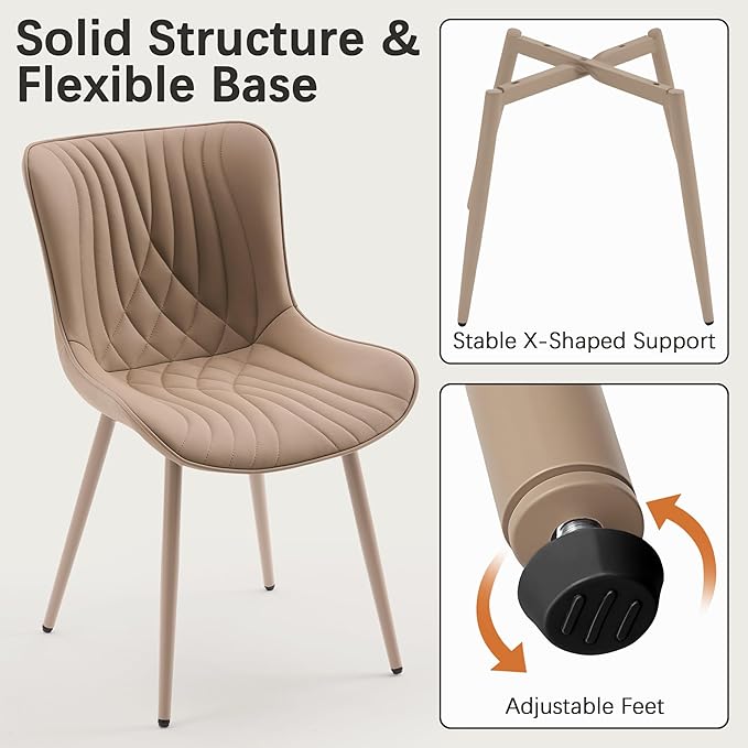 YOUTASTE Modern Upholstered Dining Chairs Set of 2, All Khaki Faux Leather Kitchen Chairs, Mid-Century Armless Accent Chairs with Metal Legs for Living Room, Bedroom