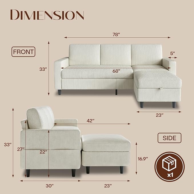 Sectional Couches for Living Room, L Shaped Couch with Storage Ottoman, Small Sofa Corduroy Couch with Side Pockets, Modern 3 Seater Convertible Sofa for Apartment, Office, Beige