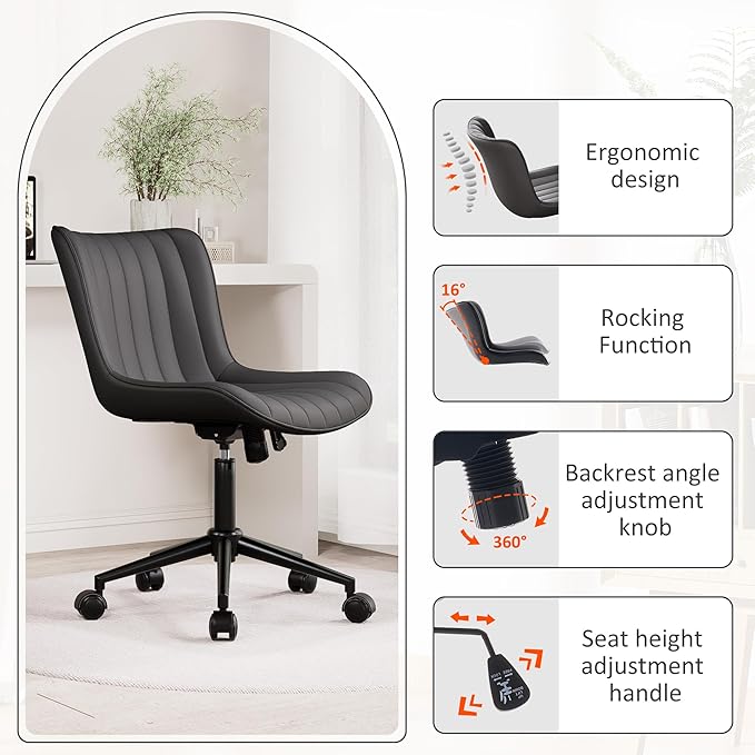 Kidol & Shellder Black Leather Home Office Desk Chair with Wheels Modern Cute Armless Executive Swivel Vanity Chair with Comfy Padded Back Ergonomic Rolling Adjustable Computer Task Chair Small