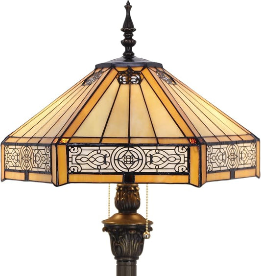 WERFACTORY Tiffany Floor Lamp Yellow Hexagon Stained Glass Mission Standing Reading Light 16X16X64 Inches Antique Pole Corner Lamp Decor Bedroom Living Room Home Office S011 Series