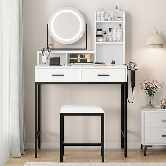 Vanity Desk with Rotating Mirror, Makeup Vanity Desk with Adjustable Mirror, 3 Colors Adjustable Light, Power Outlet, Dressing Table With 2 Drawers, Storage Shelves & Stool for Bedroom, White & Black