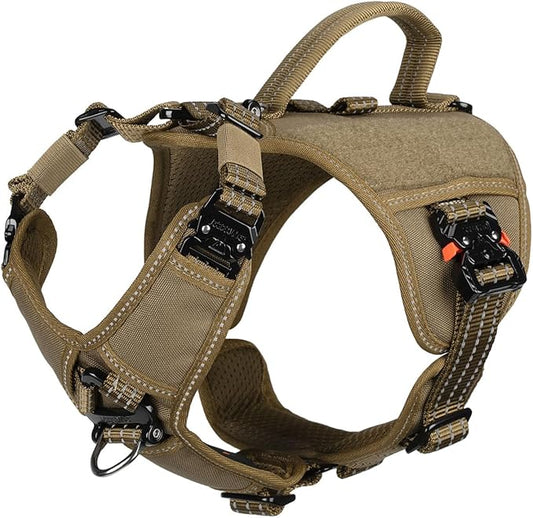 ICEFANG GN8 Tactical Dog Harness with 4X Metal Buckles for Small Sized Dogs,Reflective in Training Walking K9 Vest,No-Pull Front Leash Clip,Adjustable Pet Harness (Brown, Small (Pack of 1))