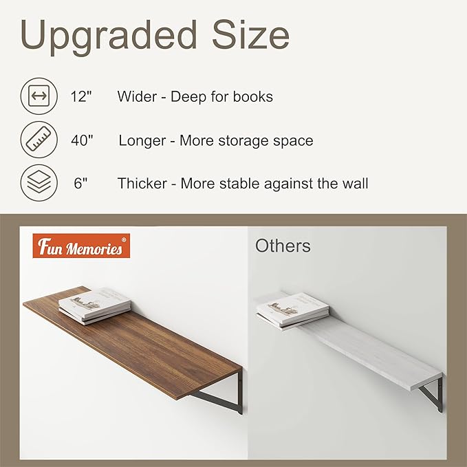 Fun Memories 40 Inch Floating Shelves, 12 Inch Deep Wall Shelf, 40 x 12 Floating Shelf Set of 2, Wood Floating Shelf Wall Mounted, Large Kitchen Living Room Bedroom Storage Shelves, Walnut