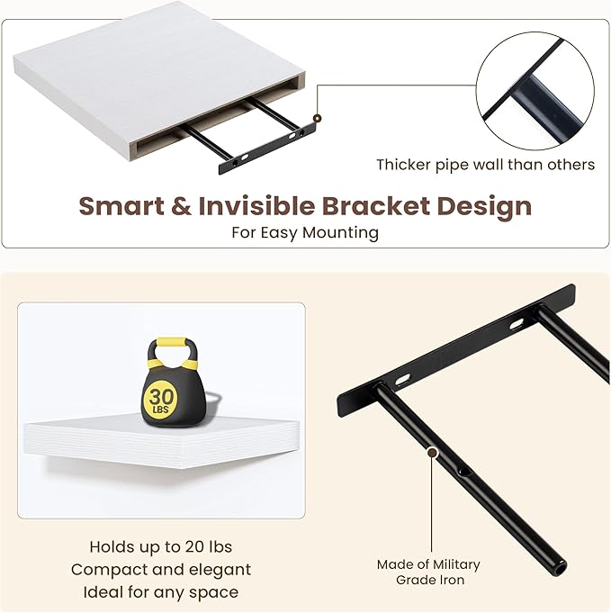 Fun Memories Floating Shelves for Wall - 12 Inch Square Shelves with Invisible Brackets, Small Wall Shelf for Living Room, Bathroom, Bedroom, and Kitchen Decor，Set of 3