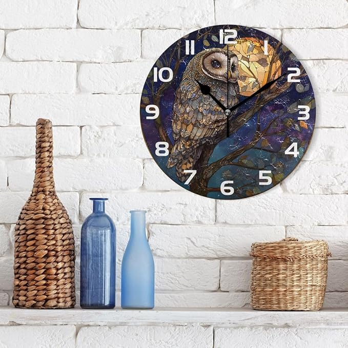 Bolaz Wall Clocks Decorative Bedroom Silent Living Room Desktop Owl Moon Stained Glass Tabletop Shelf Clocks Round Battery Operated 10 Inch Non-Ticking