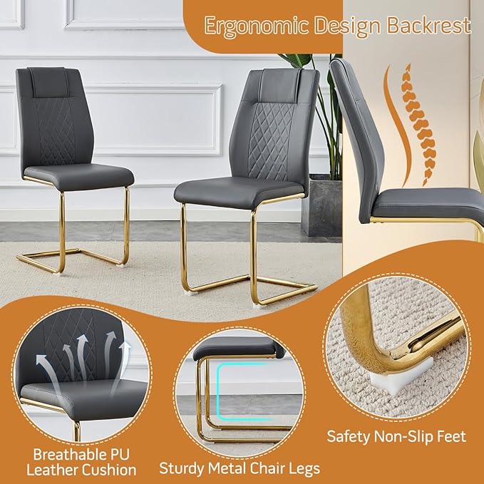 AZmac 63" Glass Dining Table Set for 4,Luxury Gold Dining Room Set with Stainless Steel Pedestal, Rectangular Tempered Glass Kitchen Table with PU Leather Chairs, for Kitchen Apartment