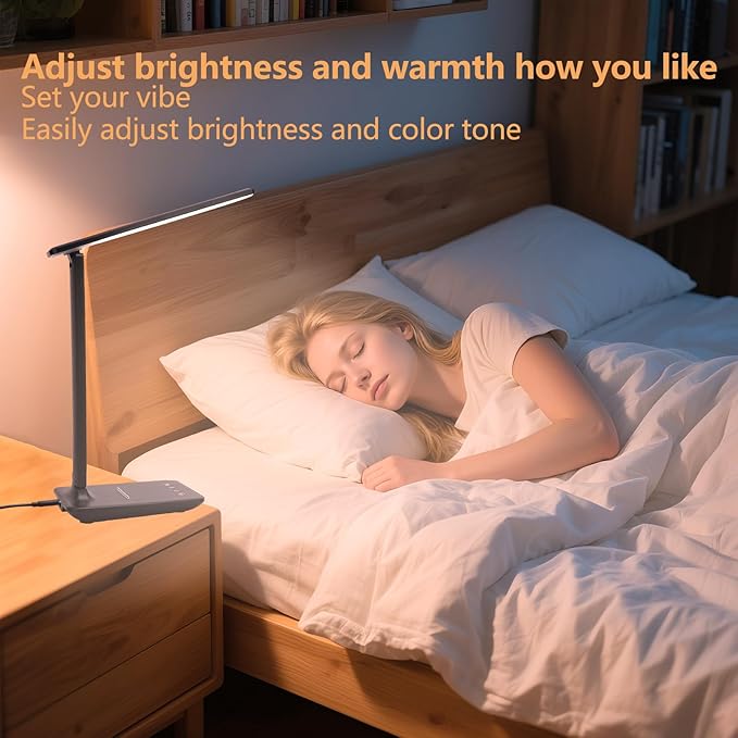 Led Desk Lamp Dimmable Table Lamp with USB Charging Port, 5 Lighting Modes, Sensitive Control, Foldable Portable Dorm Desk Lamps for Home Office Bedroom Reading Study Work (Black)