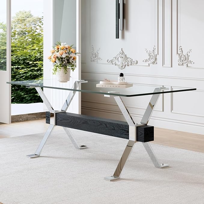 Glass Dining Table 71"｜Modern Dining Table for 6-8｜0.4" Thick Tempered Glass Top｜Chrome Silver Metal Legs｜Black Crossbar｜Easy Assembly｜Perfect for Dining Room or Kitchen