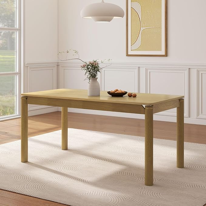 63" Dining Table for 4-6 People, Modern Farmhouse Rectangular Kitchen Table with Solid Wood Legs & Gold Trim, Large Long Dining Room Table for Living Room, Natural (Table Only)