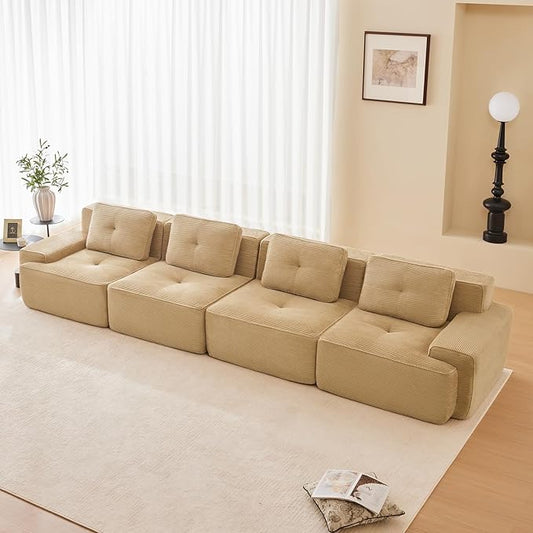 150" Modern Compressed Boneless Couch, 4 Seater Sectional Couches for Living Room, Camel Corduroy Cloud Modular Sectional Sofa, Comfy Memory Foam, Extra Deep, Sofas para Sala, No Assembly