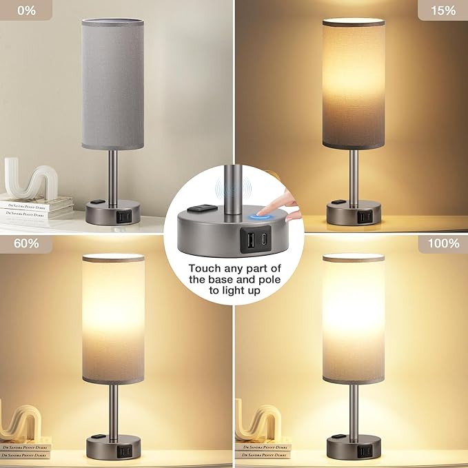 Fenmzee Grey Bedside Table Lamp for Bedroom - 3 Way Dimmable Touch Lamp USB C Charging Ports and AC Outlet, Small Lamp for Living Room, Desk, LED Bulb Included