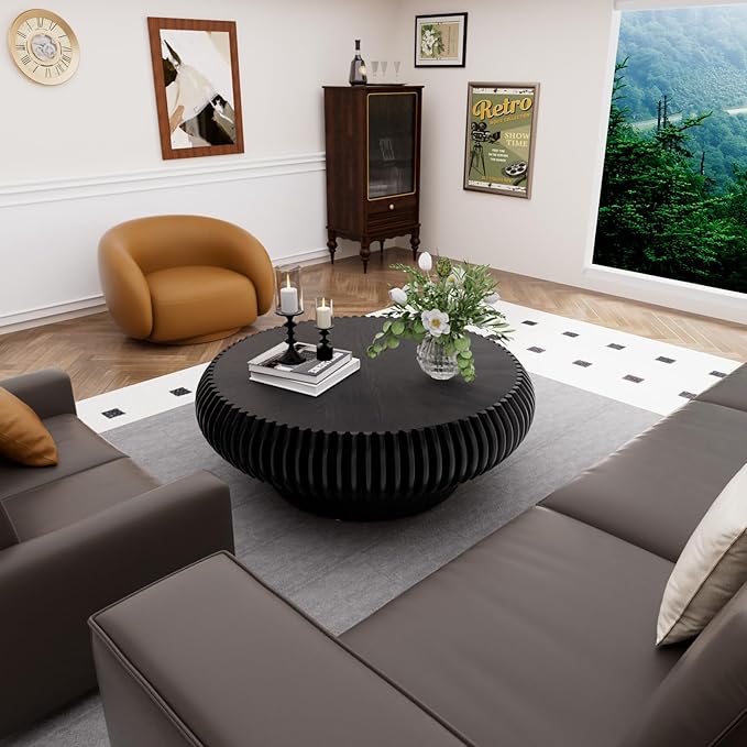 Round Drum Coffee Table for Living Room, Mid Century Modern Coffee Table with Sturdy Pedestal, Farmhouse Fluted Circle Center Table Accent Tea Table for Apartment (31.5" Black)