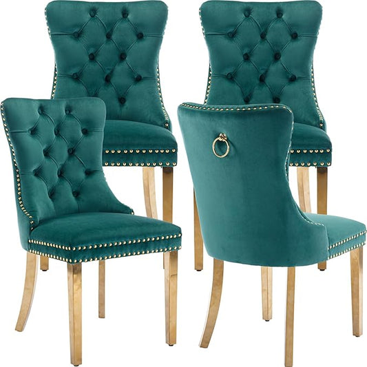 Luxury Upholstered Dining Chairs Set of 4, Green Kitchen Chair with Golden Metal Legs, Velvet Tufted Back Dining Chair, Sillas de Comedor, Modern Kitchen & Dining Room Chairs (Green, 4 Pcs)