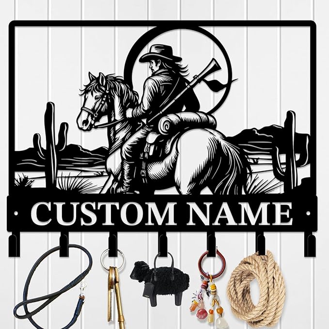 Custom Western Cowboy Metal Iron Key Hooks,Personalized Name & Text Engraving,Decor Wall Keys Holder for Home Entryway (Style H)