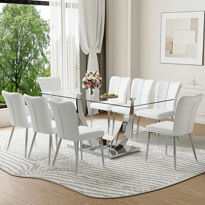 Glass Dining Room Table Set for 8,Kitchen Table Set with 8 PU Leather Chairs,71" Tempered Glass DiningTable Set with Silver U-Shaped Table Legs and Rectangular Base