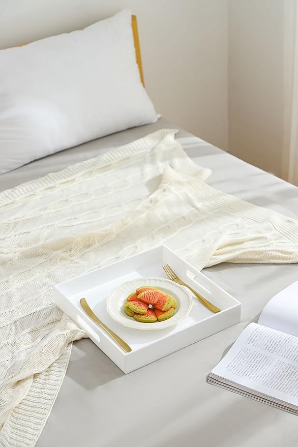 Glossy White Sturdy Acrylic Serving Tray with Handles-12x12 Inch-Serving Coffee,Appetizer,Breakfast,Butler-Kitchen Countertop Tray-Makeup Drawer Organizer-Vanity Table,Ottoman Tray-Decorative