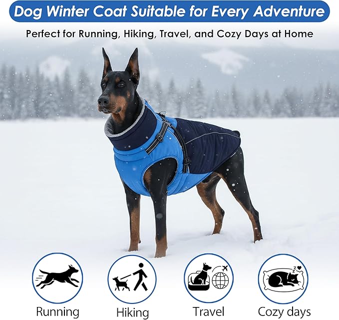ASENKU Reflective Dog Coat with Built-in Harness, Windproof Fleece-Lined Dog Jacket for Small, Medium, Large Dogs, Warm Winter Vest with Turtleneck & Zipper (Navyblue M)