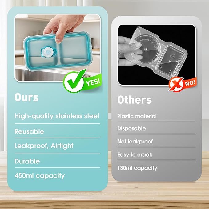 Stainless Steel Snack Containers,Food Storage,2 Compartment,Condiment Containers with Lids,Snack Containers 2 PCS