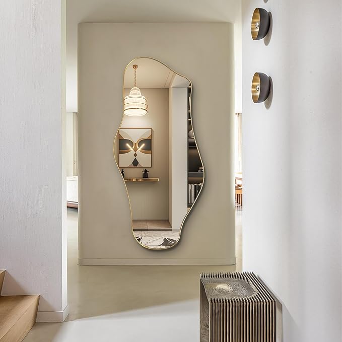Large Irregular Mirror, Gold Asymmetrical Mirrors, 55"x25.6" Abstract Full Length Mirrors with Metal Frame, Cloud Shaped Mirror for Living Room Bathroom Bedroom Hallway Entryway Fireplace
